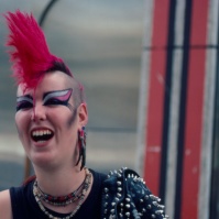 Punk Girl with red Mohican, King's Road, London, early 80s