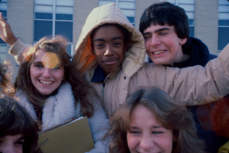 students outside Neptune High School, Neptune, New Jersey, United States, early 80 [photo © Ted Polhemus]
