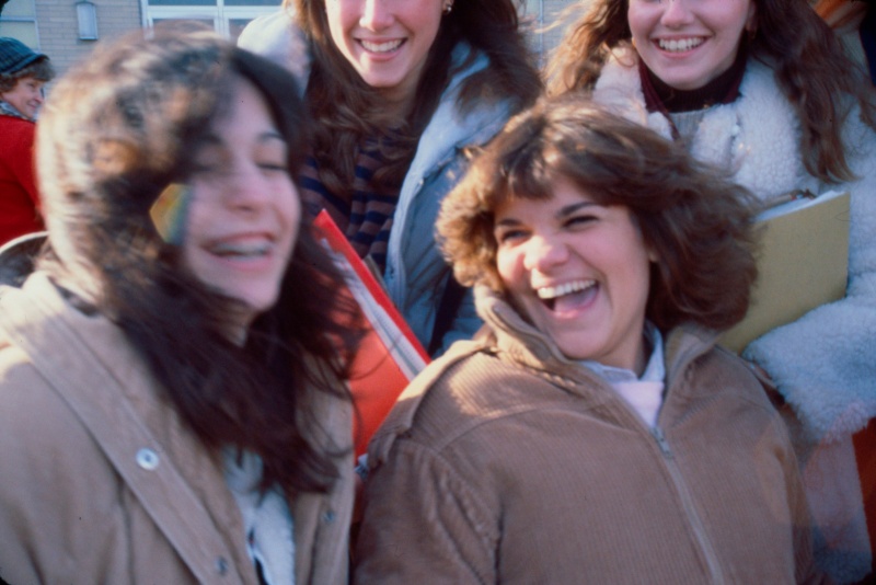 female students outside Neptune High School, Neptune, New Jersey, United States, early 80s [photo © Ted Polhemus]
