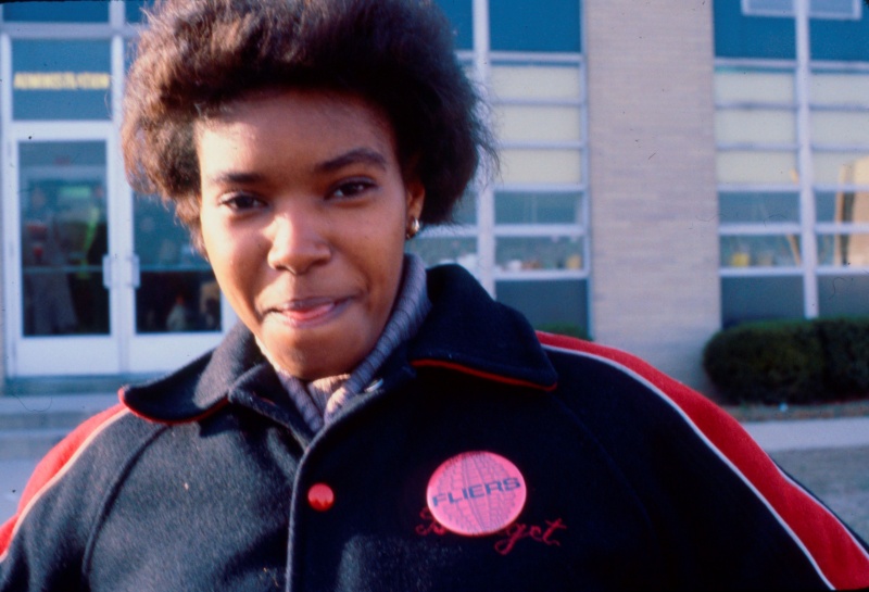 Afro-American female student outside Neptune High School, Neptune, New Jersey, United States, early 80s [photo © Ted Polhemus]
