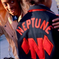 students outside Neptune High School, Neptune, New Jersey, United States, early 80s with 'Letter' jacket [photo © Ted Polhemus]