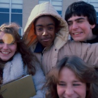 students outside Neptune High School, Neptune, New Jersey, United States, early 80 [photo © Ted Polhemus]