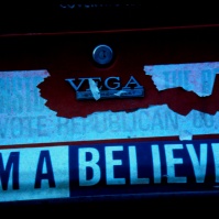 'I'M A BELIEVER!' and 'VOTE REPUBLICAN' bumper stickers, Providence, Rhode Island, USA, early 1980s [photo © Ted Polhemus]